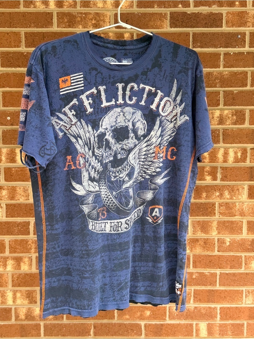 Affliction Skull Designed Built for Speed Dark Blue American Customs His Size LG